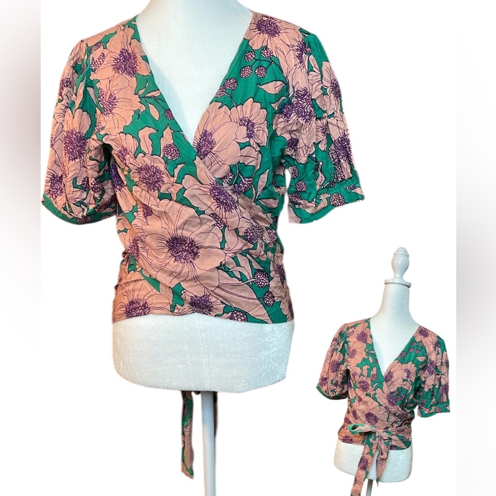 XIX Palms Floral Tropical Kimono Wrap Shirt Green Pink Purple Women's Medium